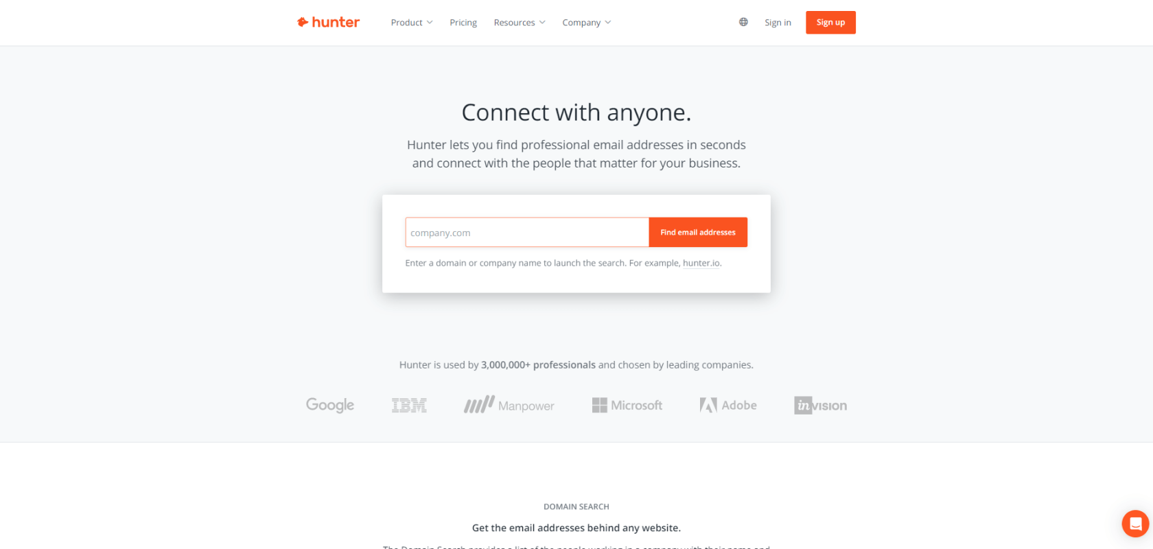 Hunter.io's email finder page