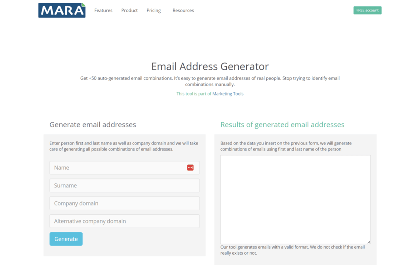 Page "Email adresse Generator" du site web Mara