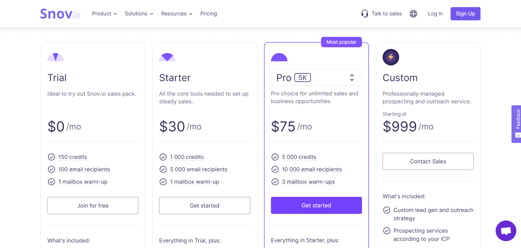 Snov.io's pricing page